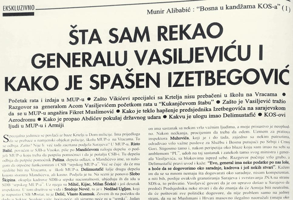 Faksimil prvog nastavka najzanimljivijih dijelova knjige „Bosna u kandžama KOS-a” autora Munira Alibabića Munje, objavljenog u SB-u 19. maja 1996. godine - Avaz