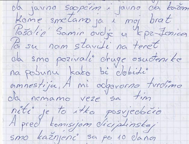 Faksimil pisma iz KPZ Zenica - Avaz