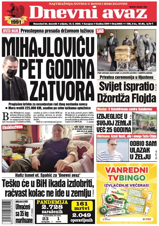 Naslovna strana današnjeg izdanja "Dnevnog avaza" - Avaz