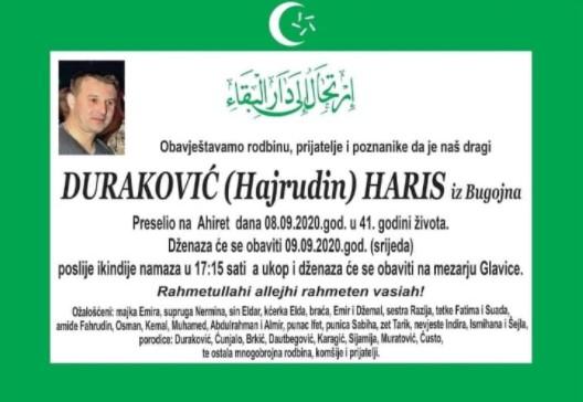 Smrtovnica preminulom Harisu Durakoviću - Avaz