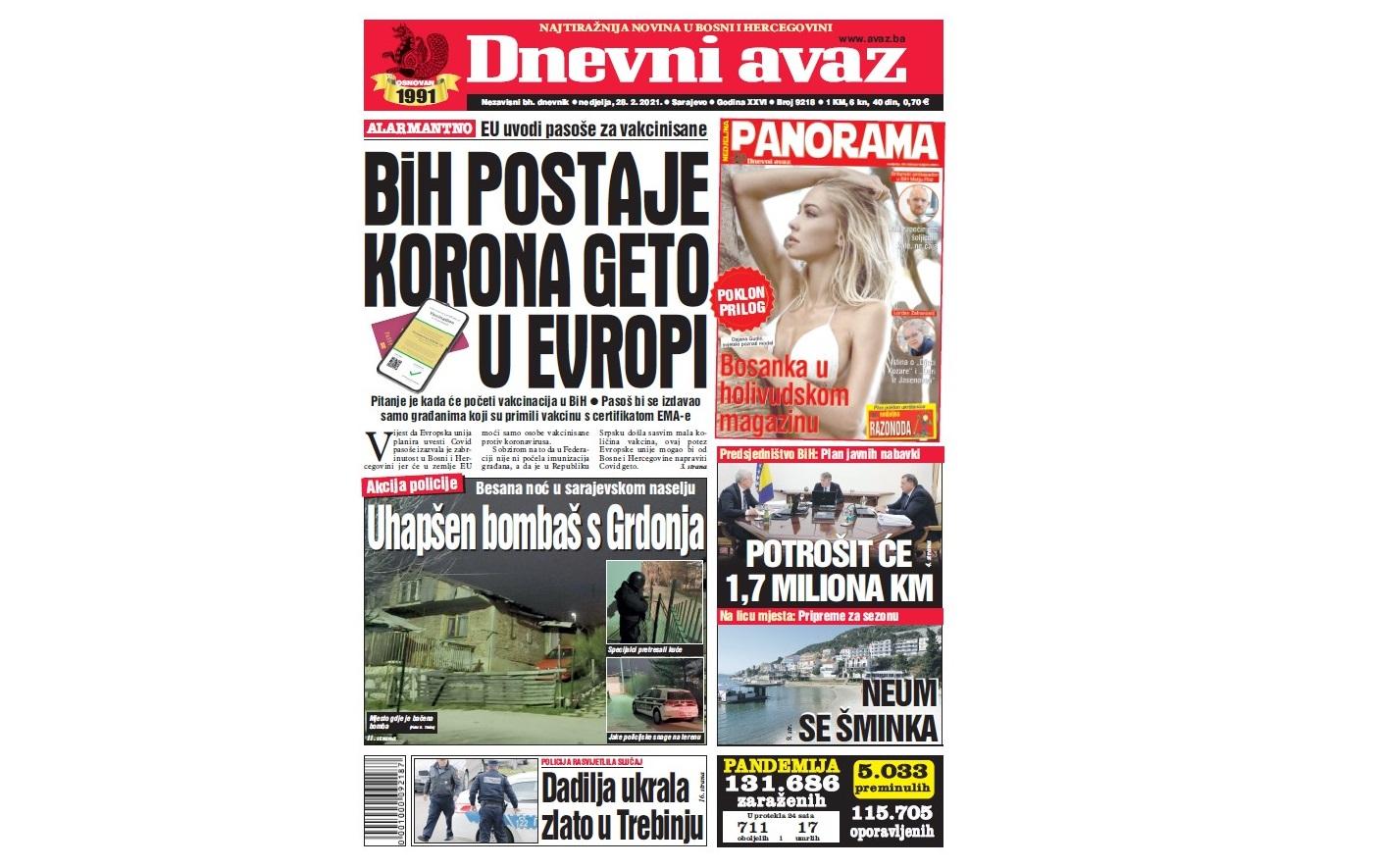 Danas u "Dnevnom avazu" čitajte: BiH postaje korona geto u Evropi