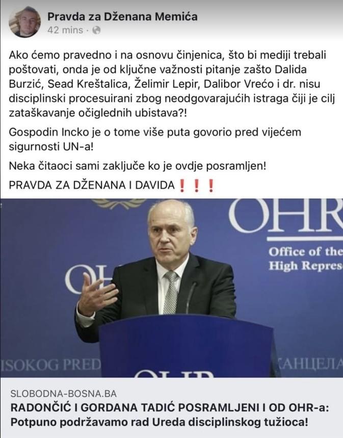 Status objavljen na stranici Pravda za Dženana Memića - Avaz