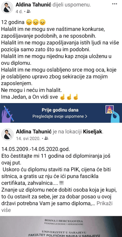 Aldinina objava na Facebooku - Avaz