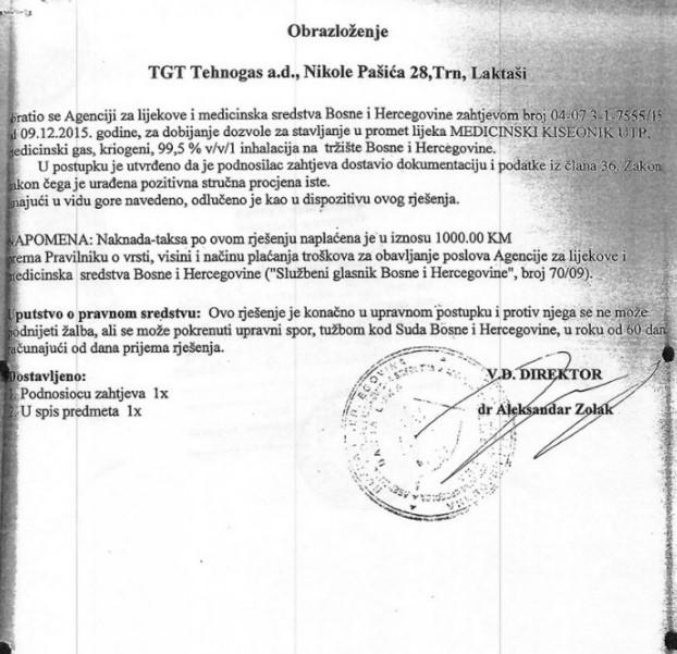 U ovom rješenju navedeno je da je podnosilac zahtjeva "TGT Tehnogas" dostavio svu potrebnu dokumentaciju - Avaz
