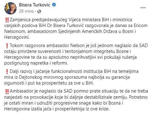 Objava Bisere Turković na Facebooku - Avaz