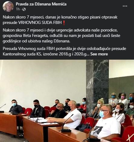 Objava na stranici "Pravda za Dženana Memića" - Avaz