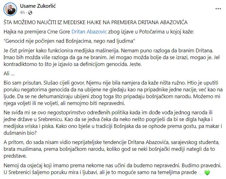 Objava Zukorlića na Facebooku - Avaz