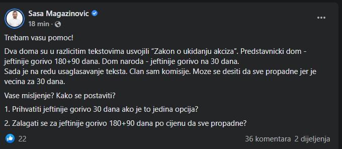 Facebook status Saše Magazinovića - Avaz