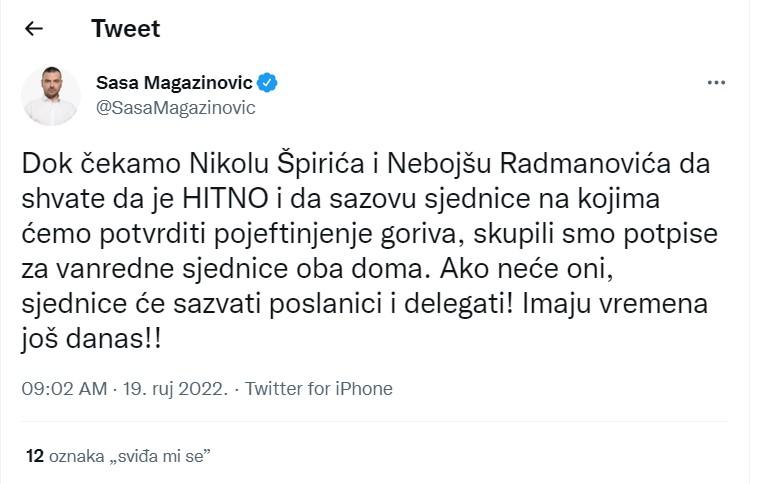Tvit Saše Magazinovića - Avaz
