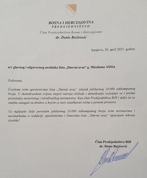 Čestitka člana Predsjedništva BiH Denisa Bećirovića upućena "Dnevnom avazu" - Avaz