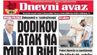 U današnjem "Dnevnom avazu" čitajte: Dodikov atak na mir u BiH!