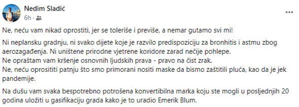 Objava Sladića na Facebooku - Avaz