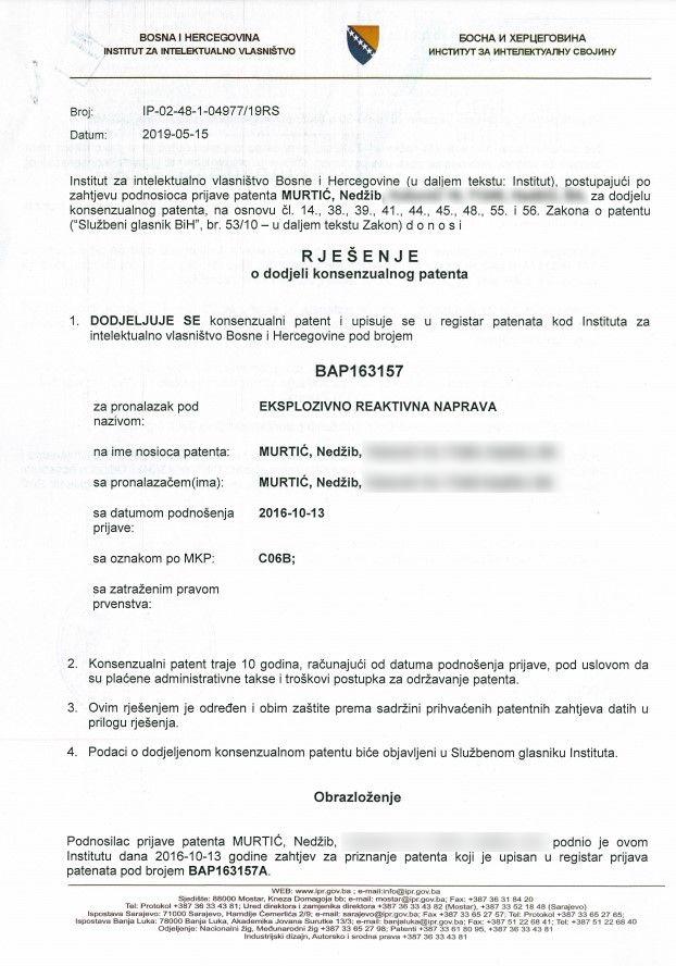 Patent izdat od Instituta za intelektualno vlasništvo BiH - Avaz